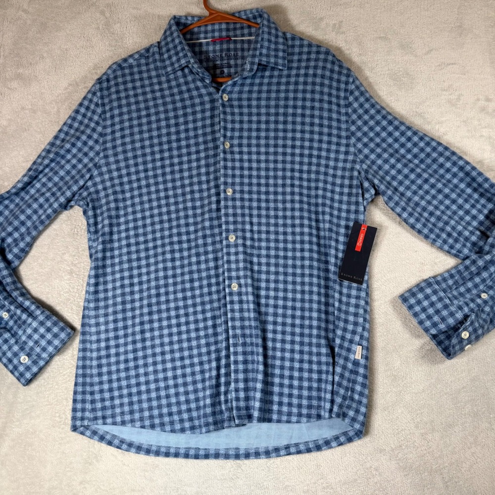 Stone Rose Mens Blue Gingham T-Series Technical Knit Button Down Shirt